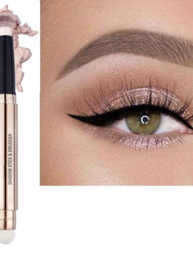 2 in 1 eyeshadow stick and Sponge Makeup Brush, Smooth Cream Shimmer Shadow Pencil Long Lasting Waterproof Eye Shadow Highlighter, Hypoallergenic Highlighter Multi-Dimensional eyes Look
