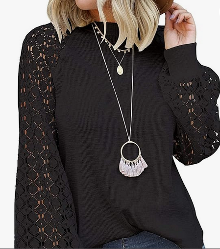 MIHOLL Women’s Long Sleeve Tops Lace Casual Loose Blouses T Shirts - Image 3