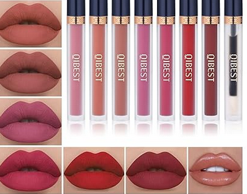 QiBest 7Pcs Matte Liquid Lipstick + 1Pcs Lip Plumper Makeup Set Kit, Pigmented Long Lasting Lip Gloss Set, Velvet Waterproof Lip Makeup Gift Sets for Girls and Women