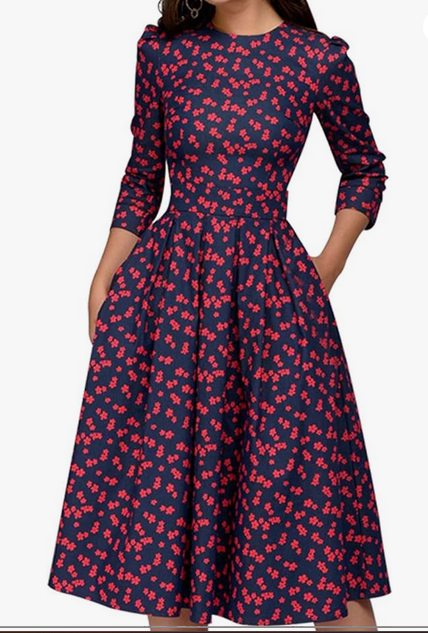 Simple Flavor Women's Floral Vintage Dress Elegant Midi Evening Dress 3/4 Sleeves