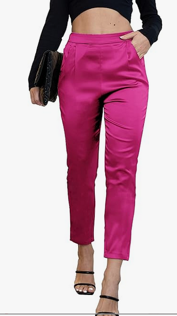 Heipeiwa Women's Satin Pants Dress Casual Pleated Pull on High Waist Pants with Pockets - Image 2