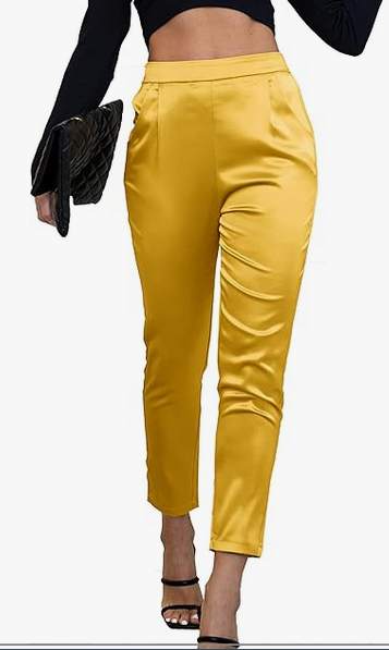 Heipeiwa Women's Satin Pants Dress Casual Pleated Pull on High Waist Pants with Pockets - Image 3