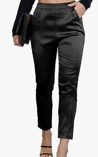 Heipeiwa Women's Satin Pants Dress Casual Pleated Pull on High Waist Pants with Pockets