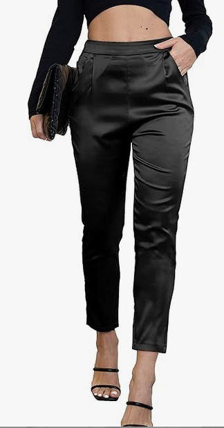 Heipeiwa Women's Satin Pants Dress Casual Pleated Pull on High Waist Pants with Pockets